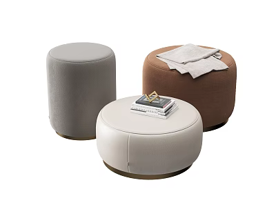 Stylish Round Poufs in Gray Brown and Beige with Books and Towel Accents 3d model