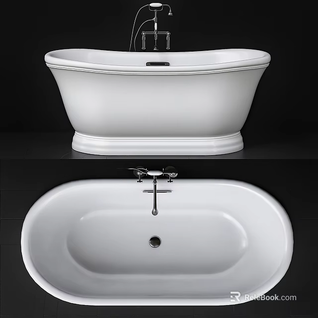 Classic White Oval Bathtub With Chrome Faucet And Central Drain Design 3d model 