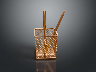 Golden Metal Mesh Pen Holder With Stationery Organizer And Two Writing Tools 3d model