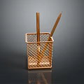 Golden Metal Mesh Pen Holder With Stationery Organizer And Two Writing Tools