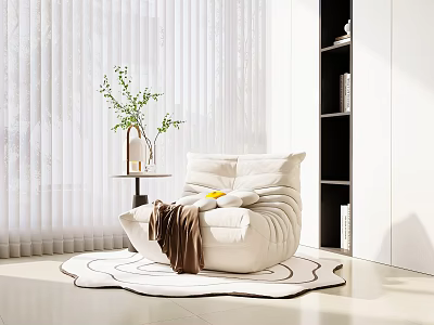 White Bean Bag Chair with Cozy Blanket Green Plant on Side Table and White Rug 3d model