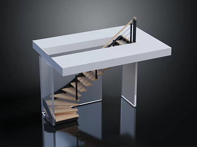 Modern Staircase Design With White Platform Black Handrail And Wooden Steps 3d model