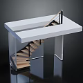 Modern Staircase Design With White Platform Black Handrail And Wooden Steps