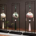 Decorative Ornament Decor Set with Three Black Stands Hanging Ornaments Colorful Tassels and Bamboo Backdrop