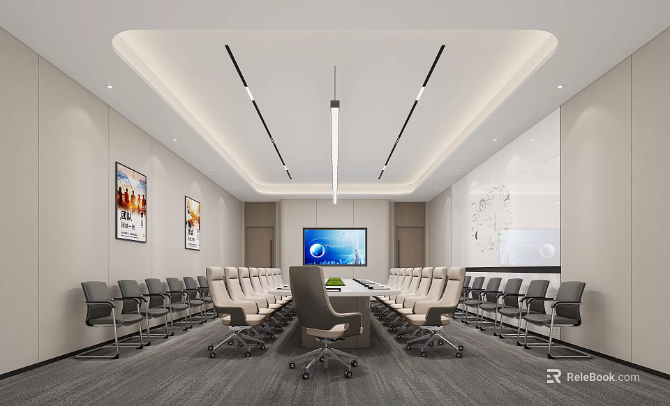 Modern Conference Room Interior Design With Long Table TV Screen And Wall Paintings 3d model 