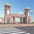 Grand Light Stone Entrance Gate Design With Twin Golden Dome Towers And Spacious Square