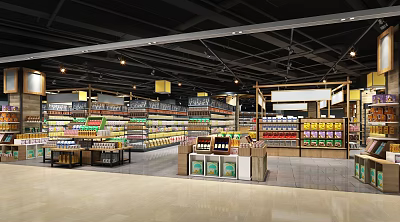 Brightly Lit Supermarket Department Store With Shelves Filled With Diverse Products And Neat Layout 3d model