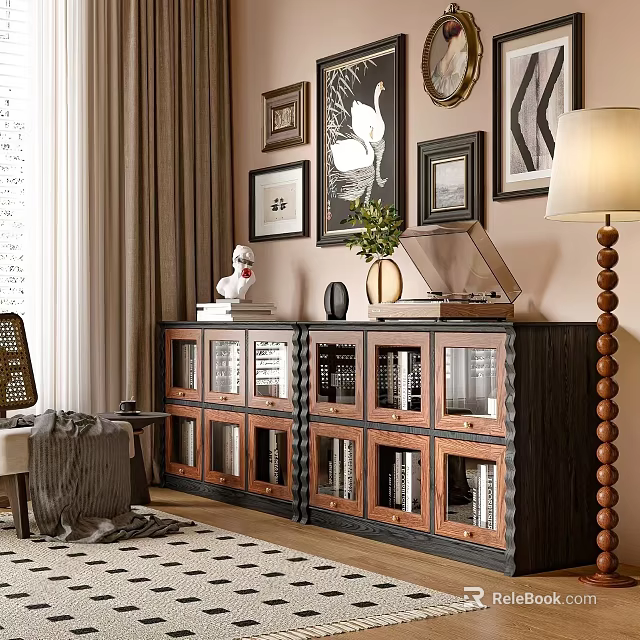 Dark Wood TV Stand With Glass Doors Books Green Plant Wall Art And Floor Lamp 3d model 