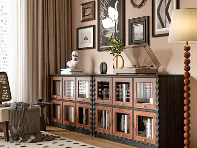 Dark Wood TV Stand With Glass Doors Books Green Plant Wall Art And Floor Lamp 3d model