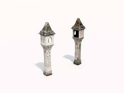 Pair of Decorative Stone Towers With Carved Details And Pointed Roofs 3d model