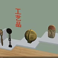 Assorted Craft Ornament Set with Spiral Mask Sculptures on White Shelves Against Light Green Background