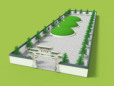 Classic Garden Ornament Design With Gateway Arch Circular Lawns Trees Stone Pavement And Enclosure Wall 3d model
