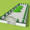 Classic Garden Ornament Design With Gateway Arch Circular Lawns Trees Stone Pavement And Enclosure Wall