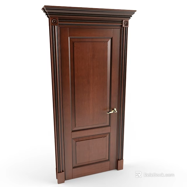 Solid Wooden Hinged Door With Panel Design And Golden Handle For Home 3d model