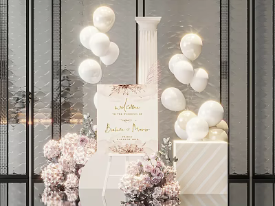 Inflatable Column Decorations with White Balloons and Flower Bouquets for Wedding Party 3d model
