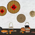 Fresh Pumpkin Sweet Potatoes Oranges and Persimmons Display With Festive Bamboo Decor on Wooden Table