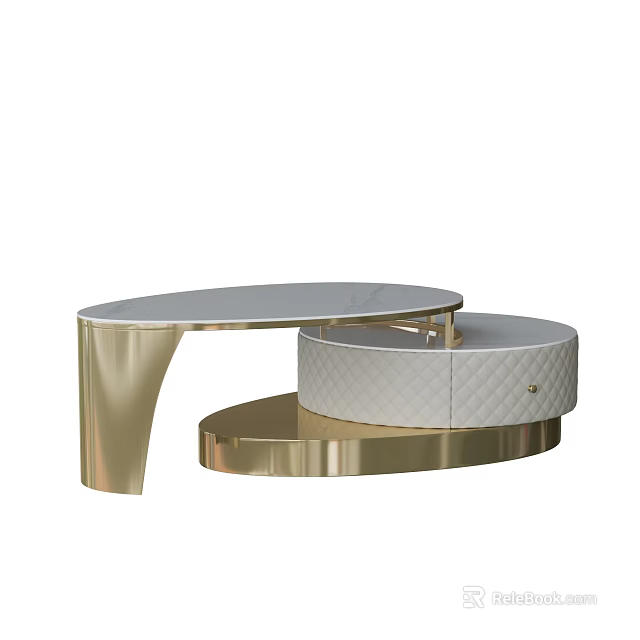 Modern Round Coffee Table With Golden Metal Frame And White Quilted Leather Top 3d model 