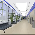 Front Desk Reception Area With Long Corridor Blue Accents Plants Benches And Display Boards