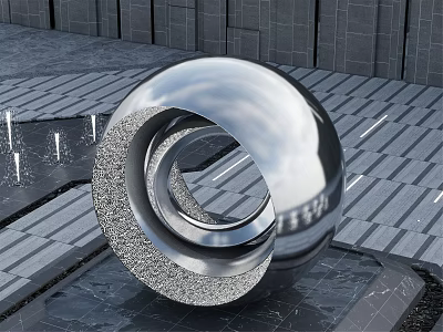 Modern Metallic Spherical Sculpture With Circular Ring Design On Stone Floor Against Gray Wall 3d model