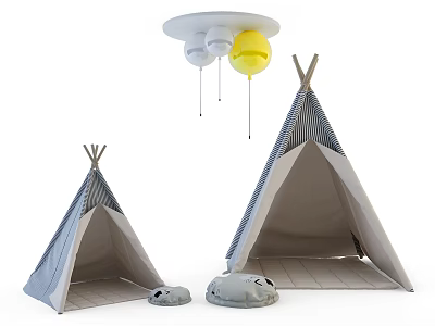 Gray and White Striped Teepee Tents with Hanging Lamp and Small Gray Toys 3d model
