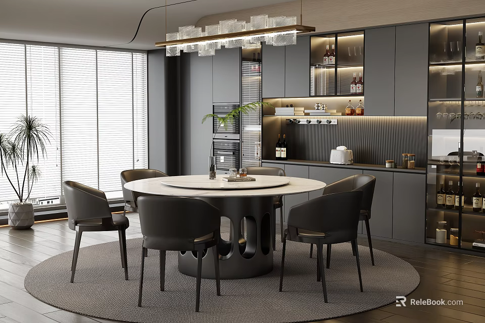 Modern Restaurant Interior With Round Dining Table Gray Chairs Chandelier And Open Kitchen 3d model 