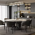 Modern Restaurant Interior With Round Dining Table Gray Chairs Chandelier And Open Kitchen