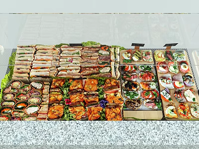 Display Shelf Featuring Fresh Assorted Sandwiches And Various Dishes Neatly Arranged 3d model