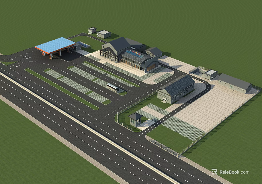 Modern Gas Station Complex With Parking Lot Buildings And Green Spaces 3d model 