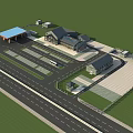 Modern Gas Station Complex With Parking Lot Buildings And Green Spaces