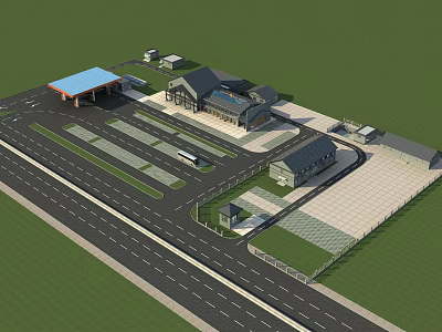 Modern Gas Station Complex With Parking Lot Buildings And Green Spaces 3d model