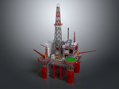 Offshore Oil Drilling Platform With Tall Drilling Tower Red Pillars And Deck Equipment 3d model