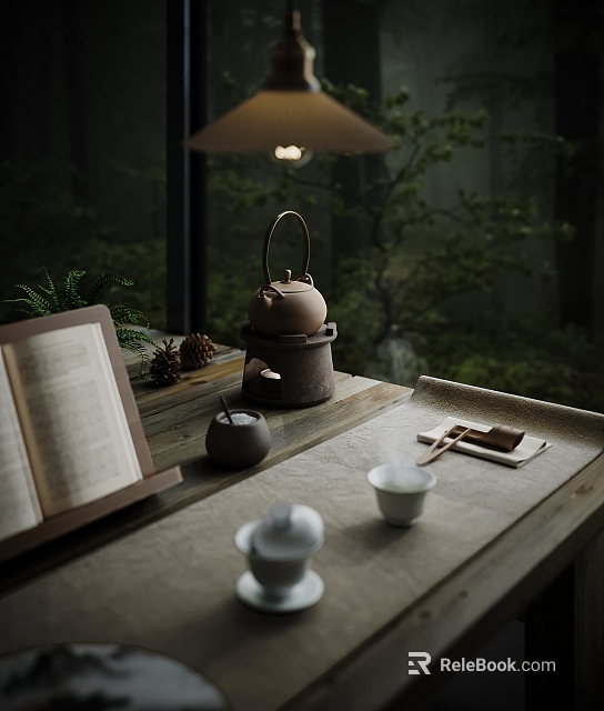 Traditional Tea Set Display With Wooden Tray Open Book Teacups And Greenery Background 3d model 