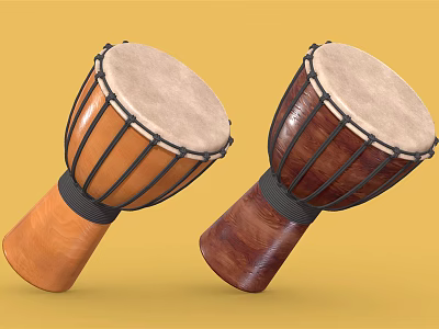 Two Wooden Djembe Drums With Light Heads Brown Dark Bodies On Yellow Background 3d model