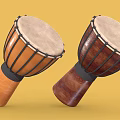 Two Wooden Djembe Drums With Light Heads Brown Dark Bodies On Yellow Background