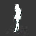 Red Haired Woman In White Shirt Black Tie Skirt And Boots Against Gray Background