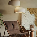 Stylish Wooden Frame Leisure Chair Interior With Hanging Lamps Green Plant Artwork And Sculpture