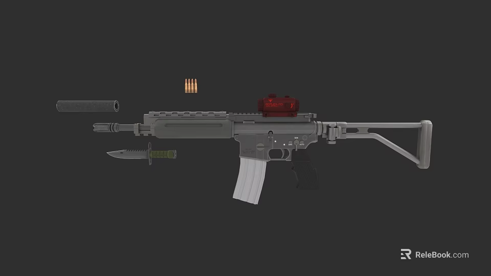 Modern Tactical Rifle With Red Dot Sight Magazine Bullets And Bayonet For Military Use 3d model 