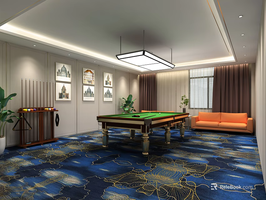 Stylish Billiard Room Interior With Green Billiard Table Orange Sofa Blue Floral Carpet And Decorative Paintings 3d model 