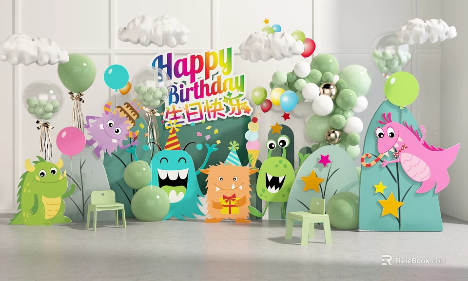 Colorful Birthday Party Decorations With Cartoon Monsters Balloons Stars And Clouds 3d model 