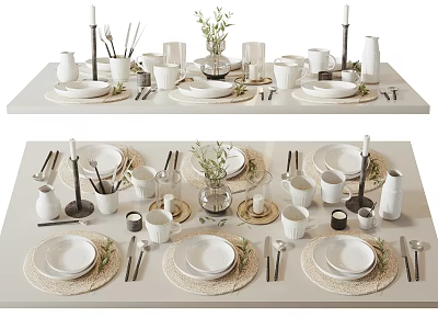 Elegant Tableware Set For Dining Table With Plates Cups Cutlery And Woven Placemats 3d model