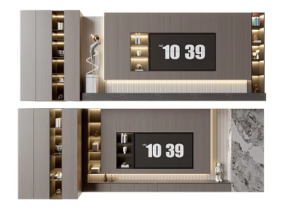 Modern TV Background Wall Design With Storage Cabinets Ambient Lighting And Flat Screen TV 3d model