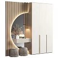 Modern White Wardrobe Design With Gold Handles Round Mirror And Decorative Lighting