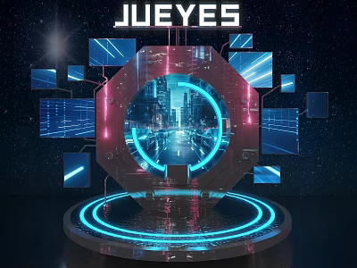 JUEYES Futuristic Tech Photo Spot With Glowing Circular Structure And City Night View Screens 3d model