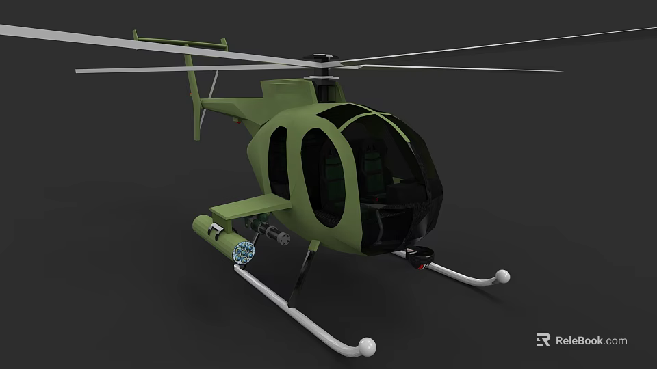 Detailed Green Military Helicopter with Airframe Mounted Equipment and White Landing Gear 3d model 