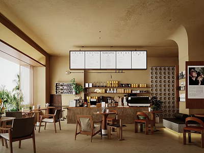 Cozy Café Interior Design Featuring Natural Light Wooden Furniture And Menu Boards 3d model