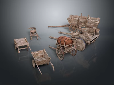 Vintage Wooden Wagons In Various Styles Displayed 3d model
