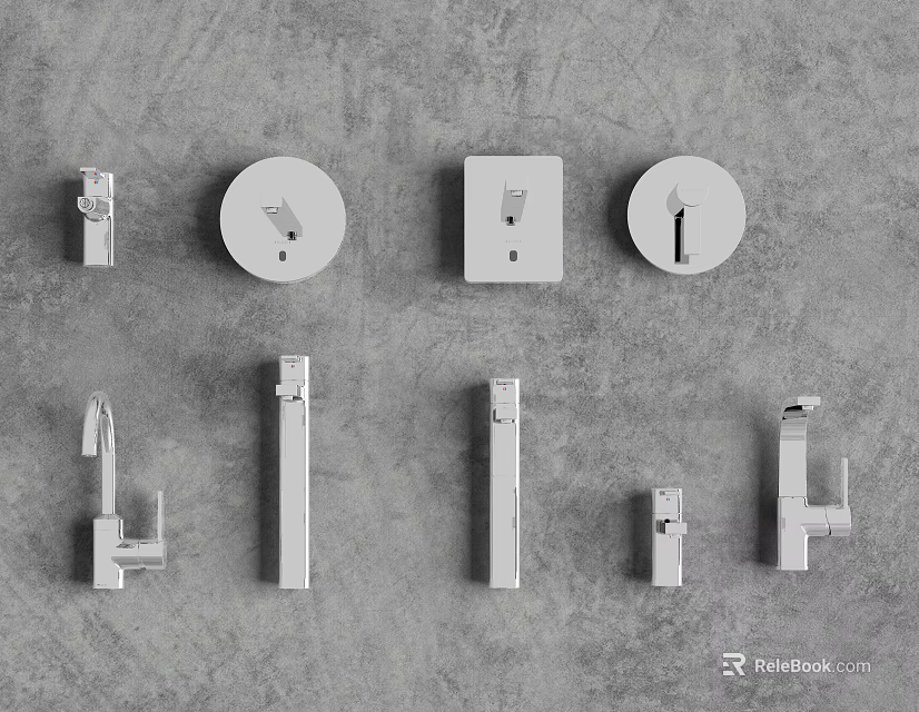 Various White Faucet Styles And Components Arranged Neatly On Gray Background 3d model 