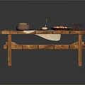 Natural Wooden Dining Table Setting With Fresh Fruit Plate Teapot Cup Napkin And Utensils