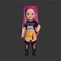Cute Doll With Pink Pigtails Black Tshirt Rock Princess Yellow Skirt And Boots