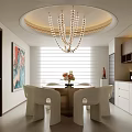 Elegant Dining Living Room Interior With Chandelier White Blinds Dining Table Chairs Flowers And Cabinets
